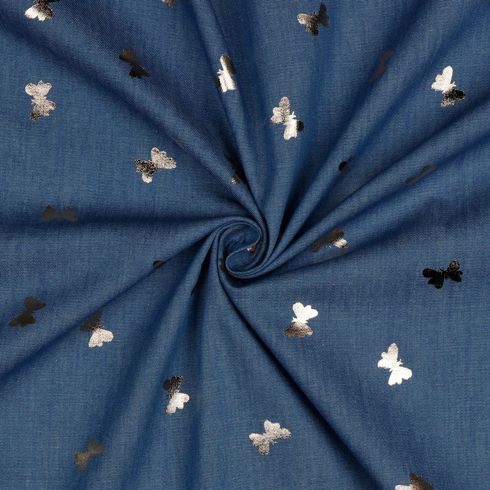 Denim Foil Butterflies Fabric
