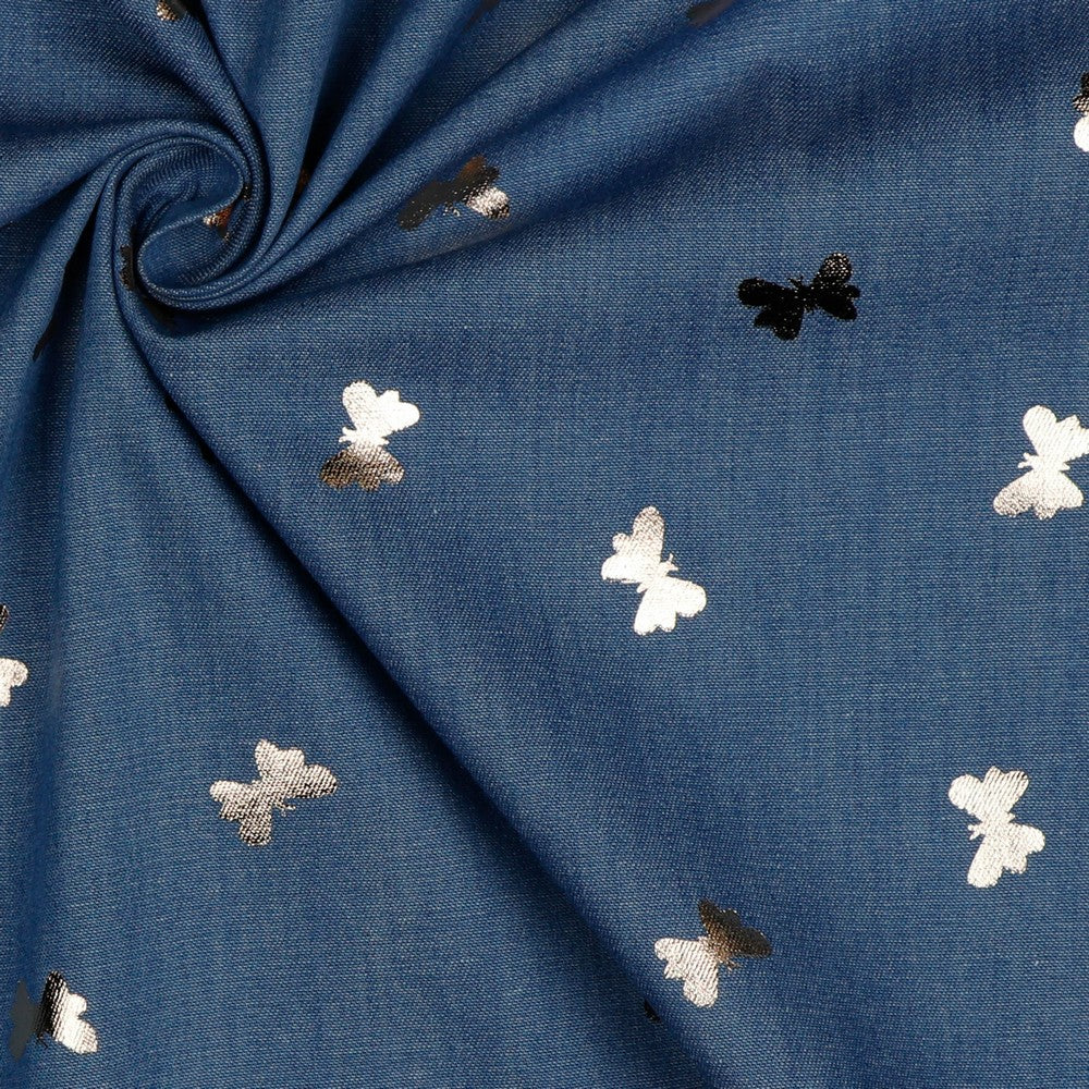 Denim Foil Butterflies Fabric