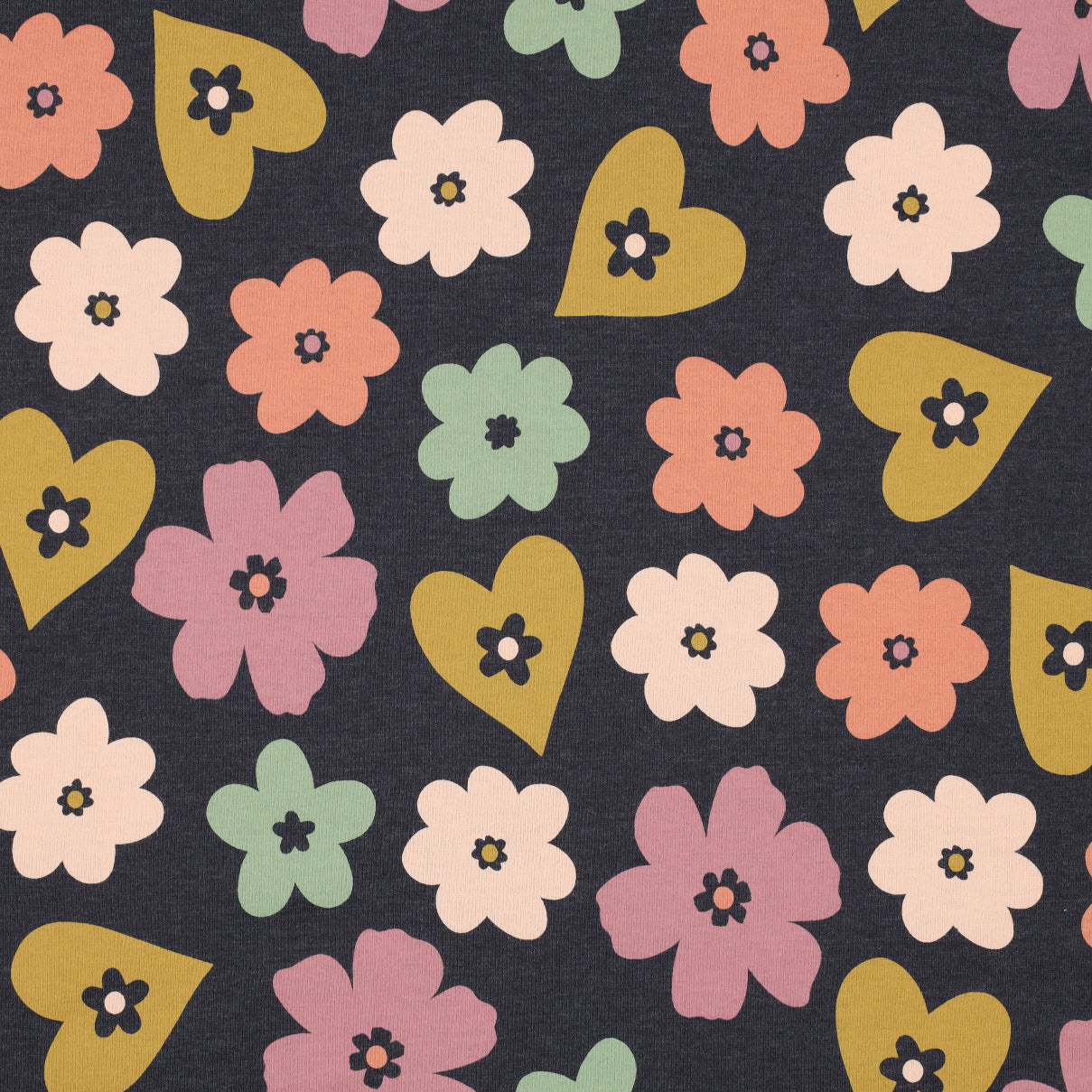 Jersey Melange Hearts And Flowers - INDIGO - Poppy Fabrics
