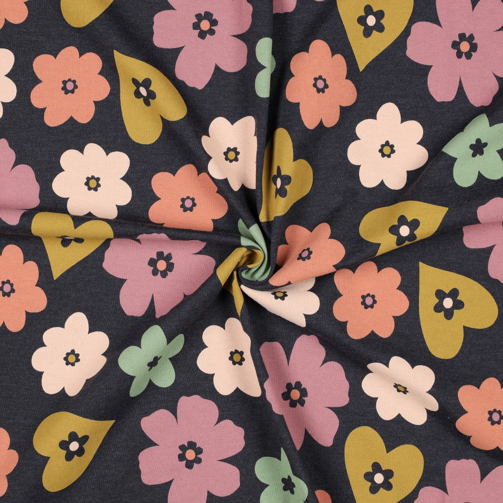 Jersey Melange Hearts And Flowers - INDIGO - Poppy Fabrics