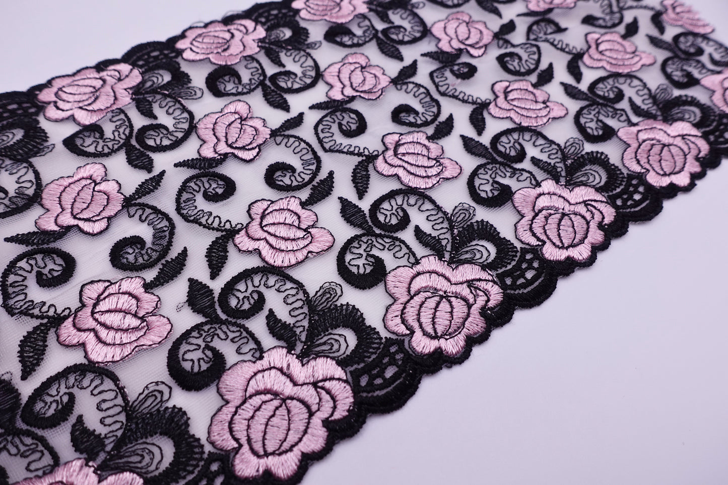 Black Pink Roses- Embroidered Tulle Lace