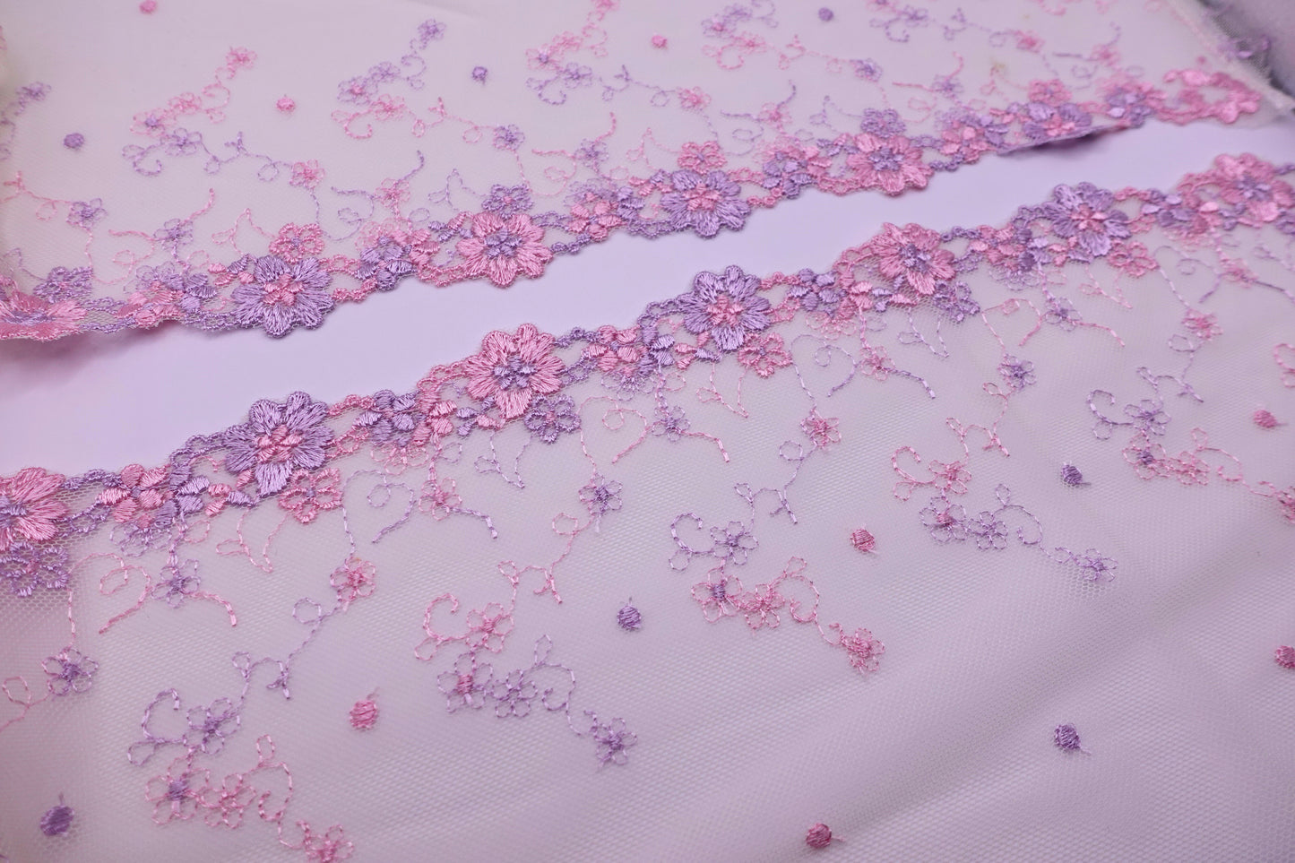 Pink and Purple Dainty Floral - Embroidered Tulle Lace (mirrored)