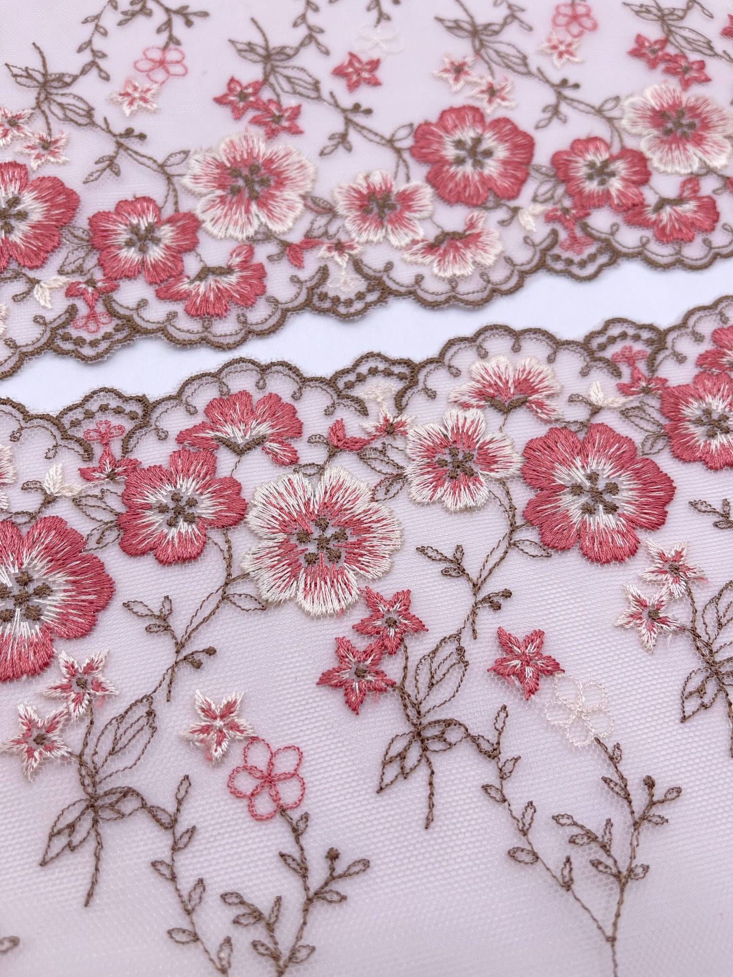 Brown Cherry Blossom - Embroidered Tulle Lace 1 Meter (mirrored)