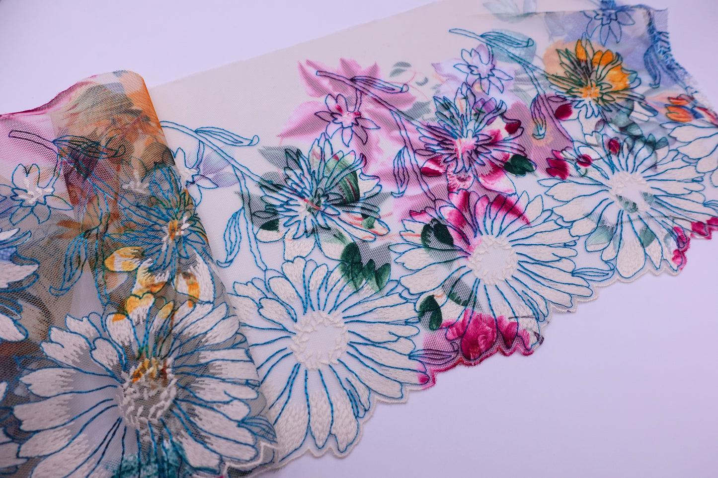 White Printed Floral - Embroidered Tulle Lace (mirrored)