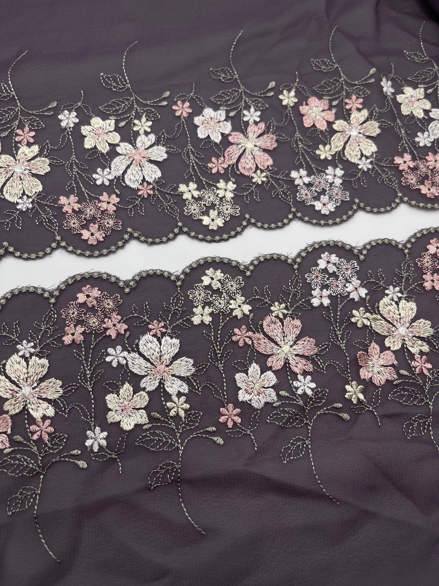 Purple Cherry Blossom - Embroidered Tulle Lace 1 Meter (mirrored)
