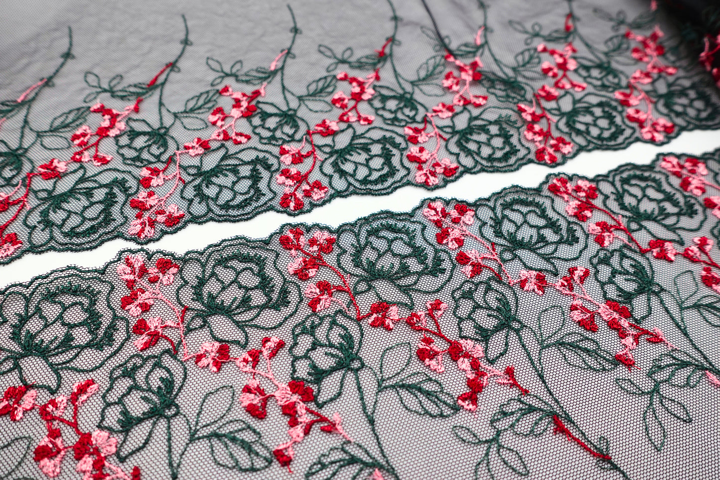 Green Rose Cherry Blossom - Embroidered Tulle Lace (mirrored)