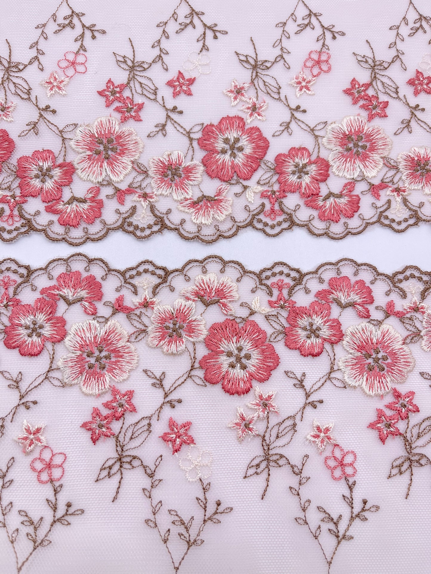 Brown Cherry Blossom - Embroidered Tulle Lace 1 Meter (mirrored)