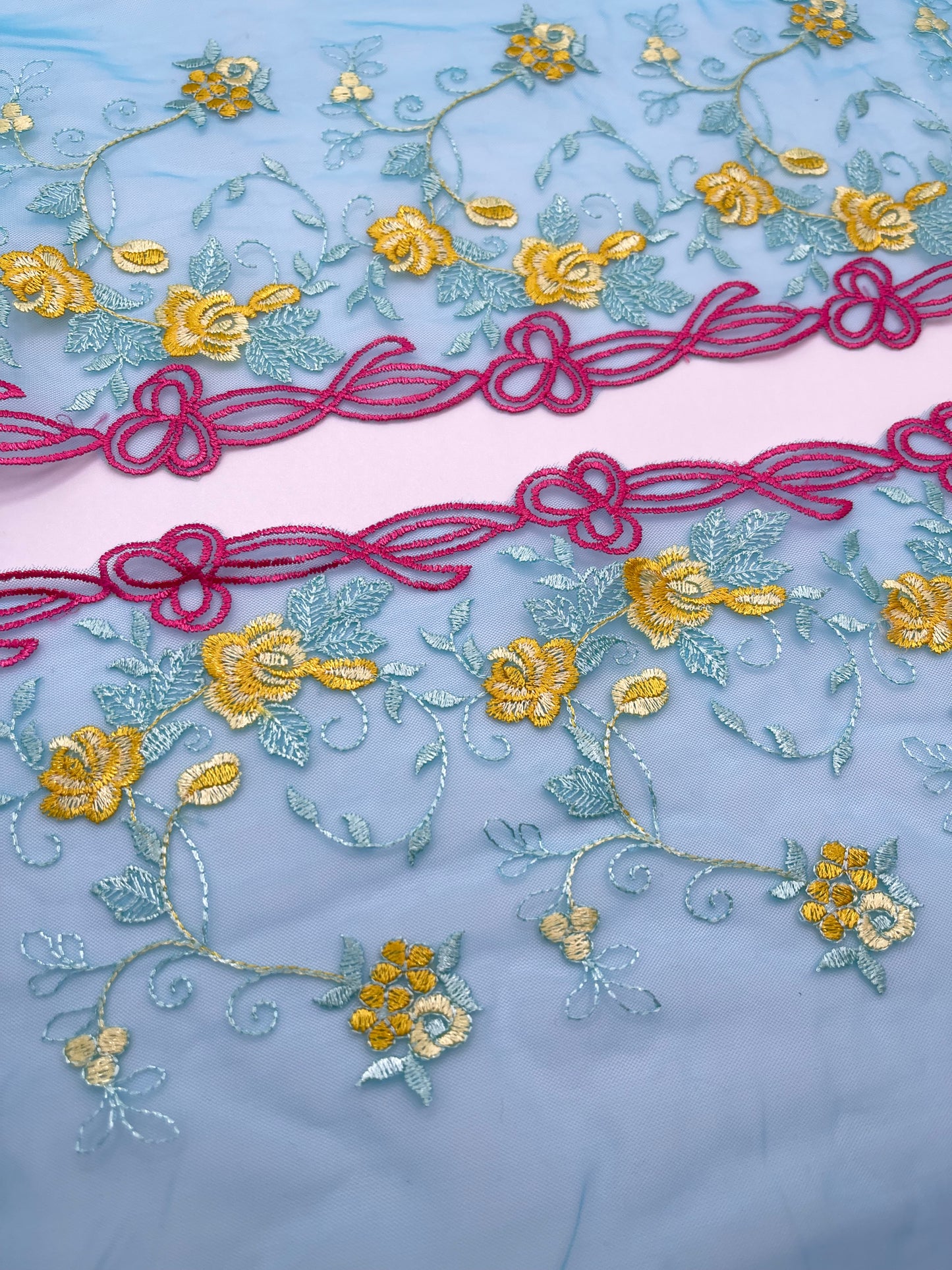 Hot Pink Yellow Flowers - Embroidered Tulle Lace 1 Meter (mirrored)