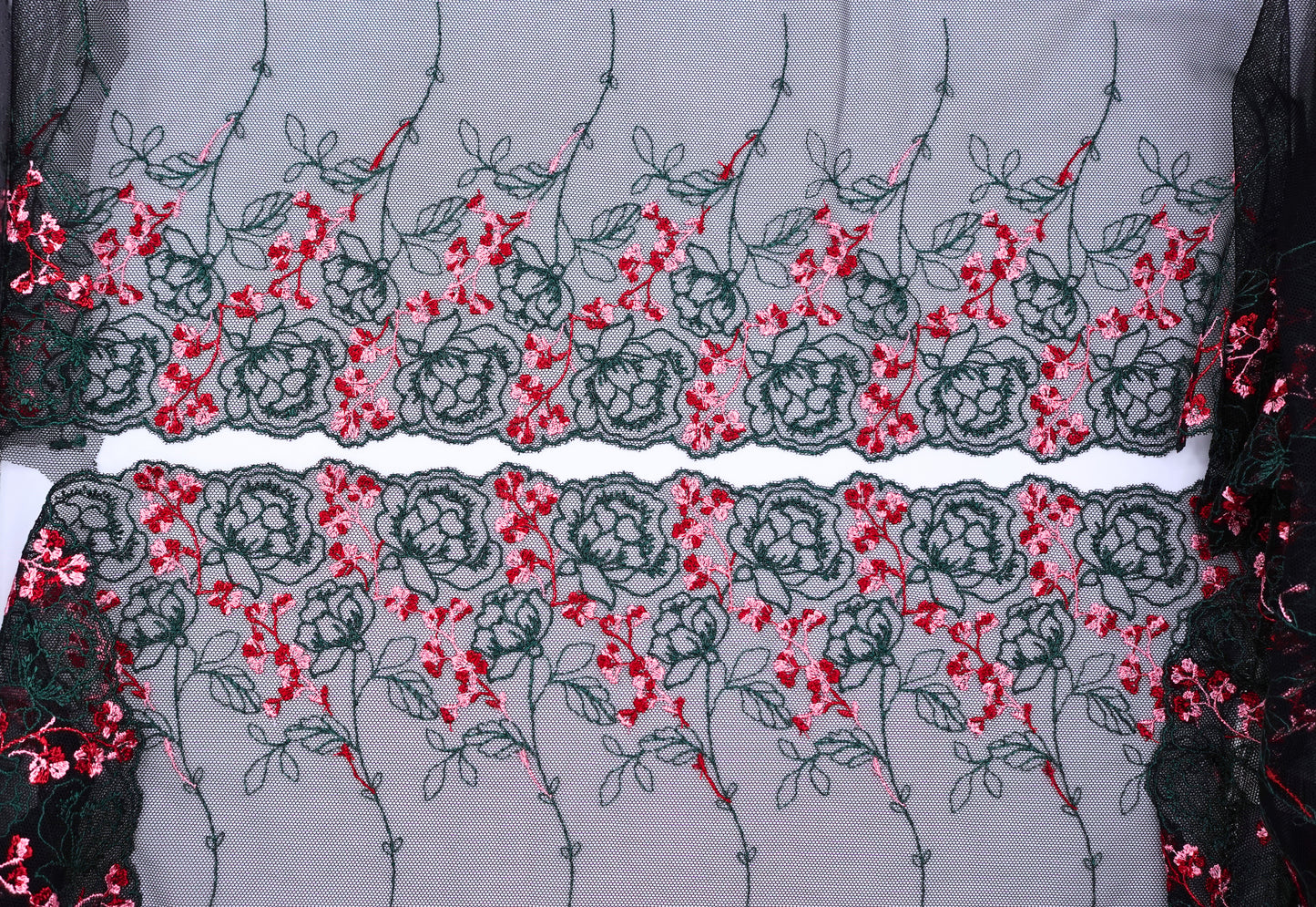 Green Rose Cherry Blossom - Embroidered Tulle Lace (mirrored)