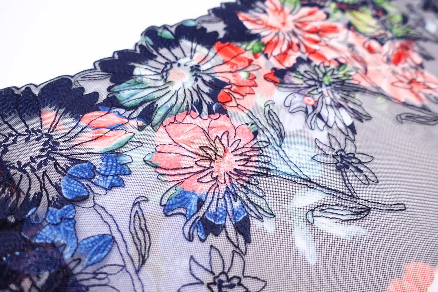 Navy Printed Floral - Embroidered Tulle Lace (mirrored)