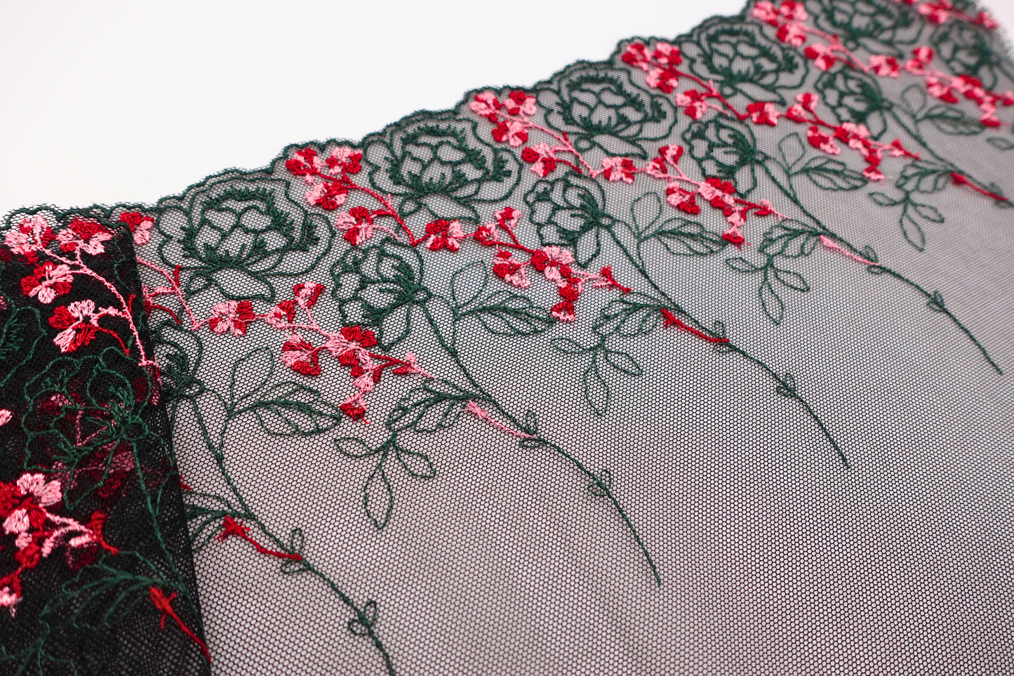 Green Rose Cherry Blossom - Embroidered Tulle Lace (mirrored)