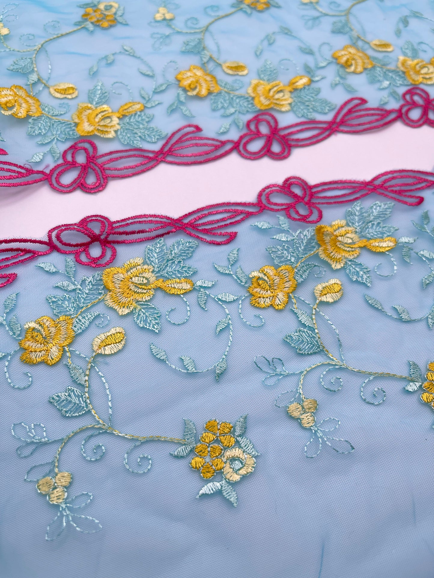 Hot Pink Yellow Flowers - Embroidered Tulle Lace 1 Meter (mirrored)