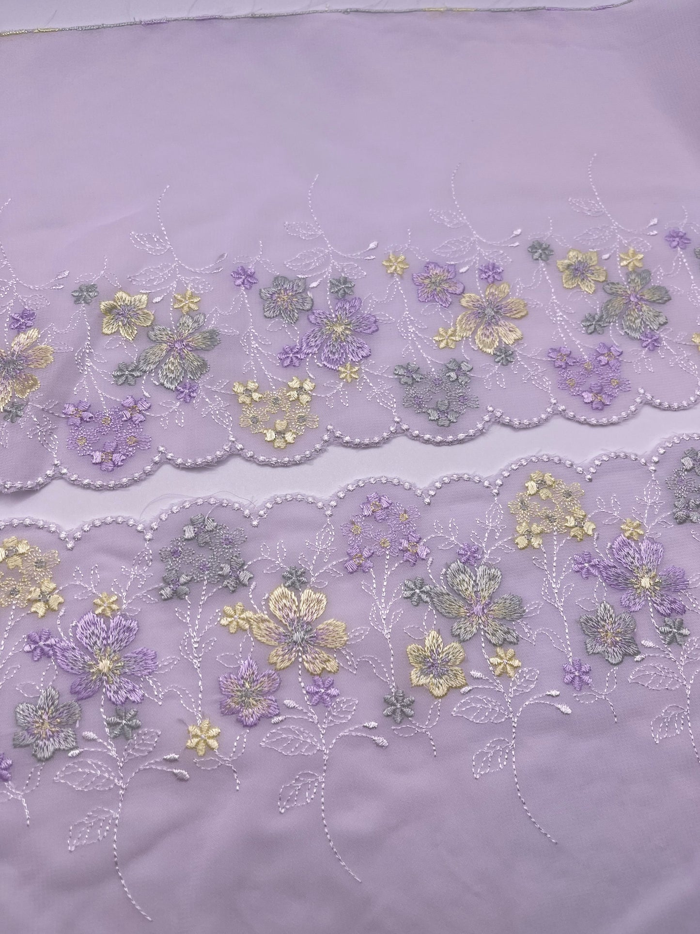 Purple Florals Scalloped - Embroidered Tulle Lace 1 Meter (mirrored)