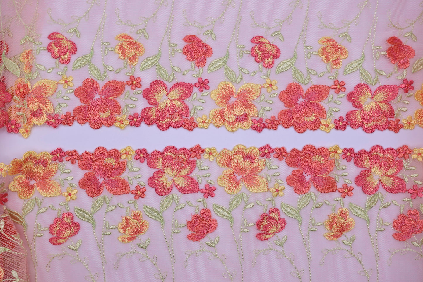 Coral Floral - Embroidered Tulle Lace (mirrored) 1 Meter