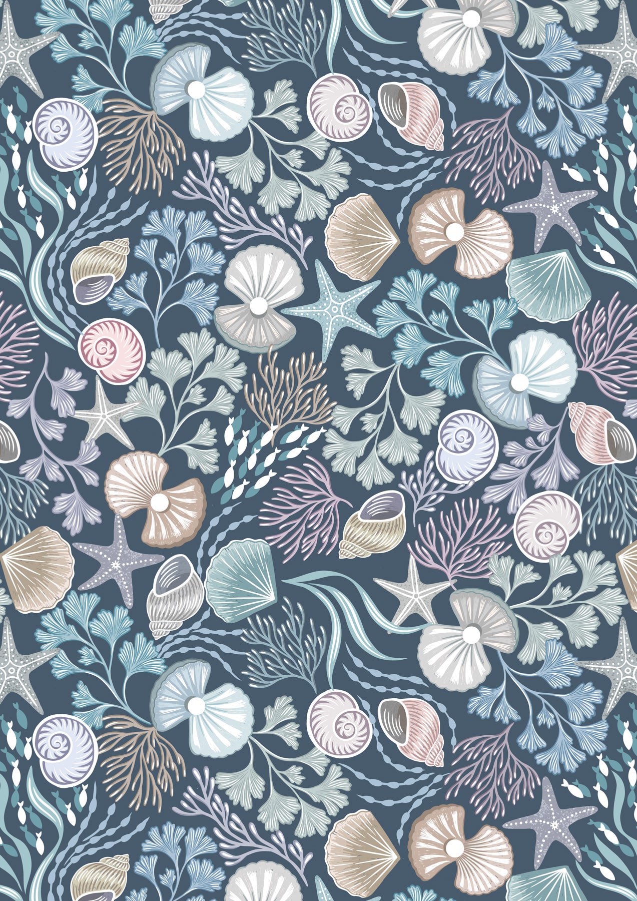 Lewis & Irene - Shells and pearls on dark blue with pearl - Ocean Pearls