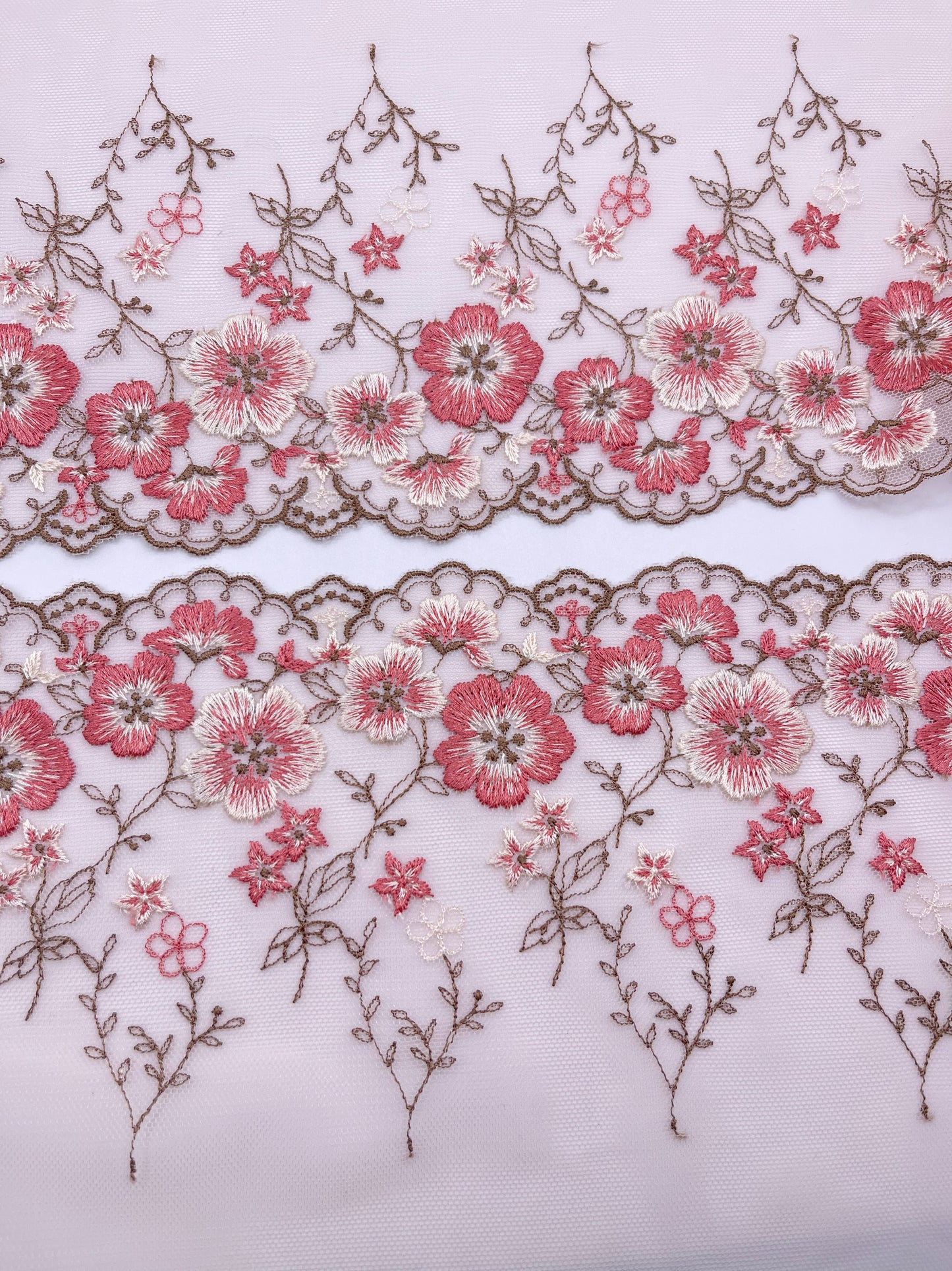 Brown Cherry Blossom - Embroidered Tulle Lace 1 Meter (mirrored)