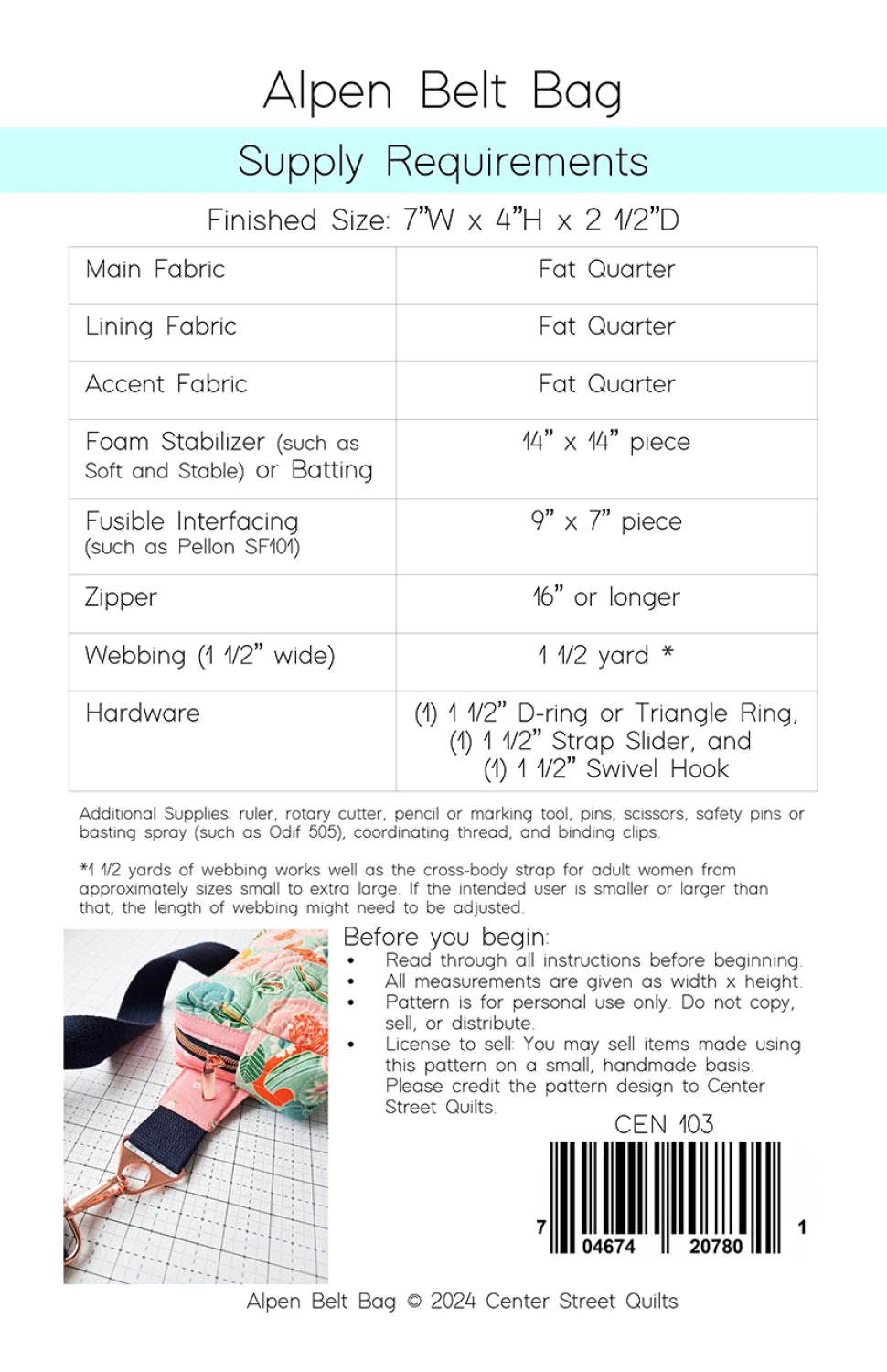 Alpen Belt Bag Pattern - Center Street Quilts