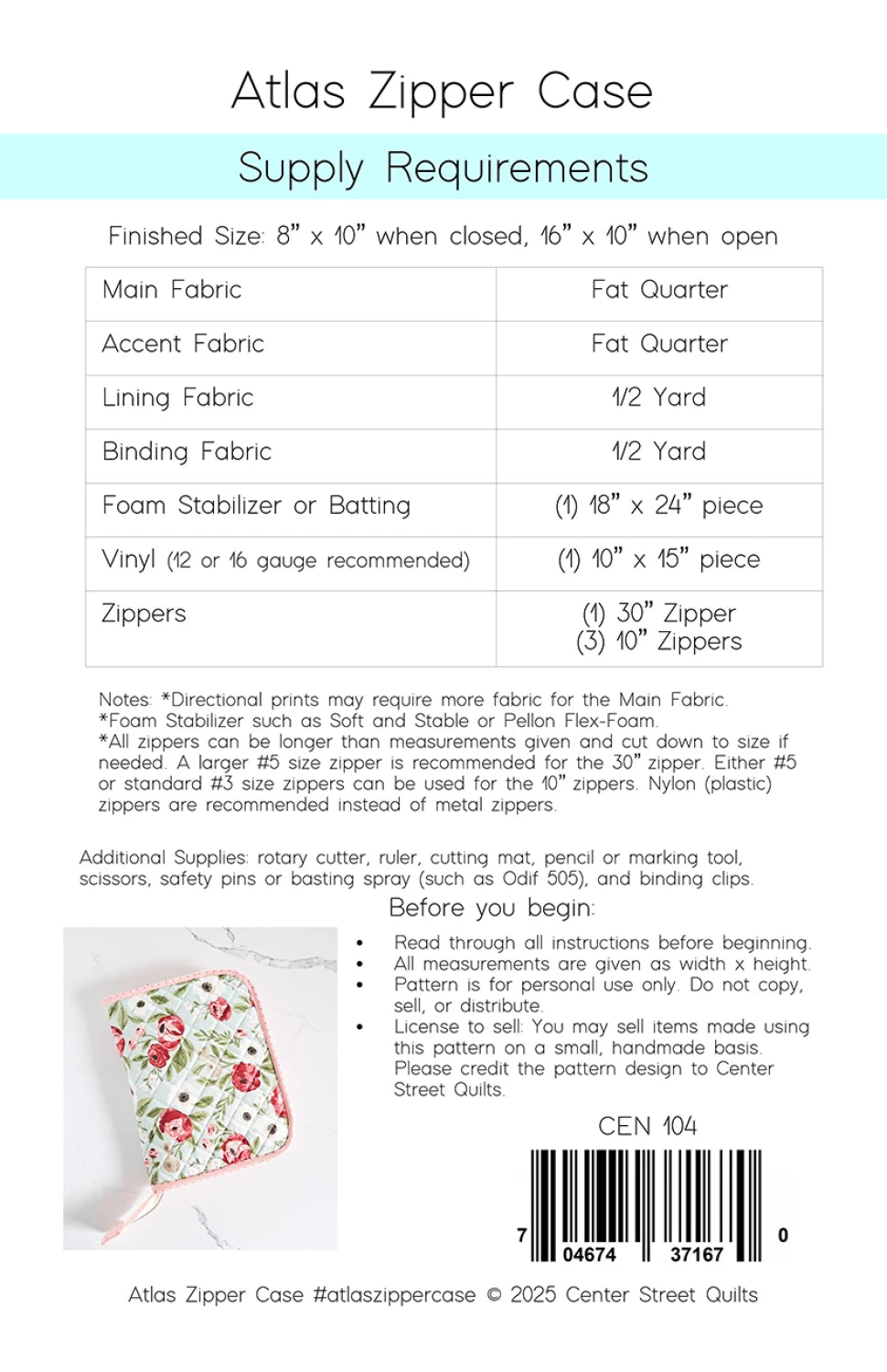 Atlas Zipper Case Pattern - Center Street Quilts