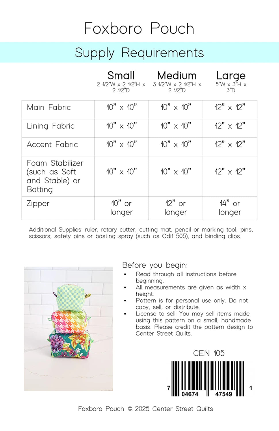 Foxboro Pouch Pattern - Center Street Quilts