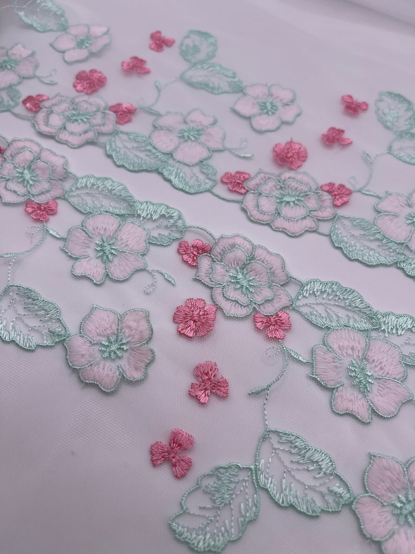 Aqua Cherry Blossom - Embroidered Tulle Lace 1 Meter (mirrored)