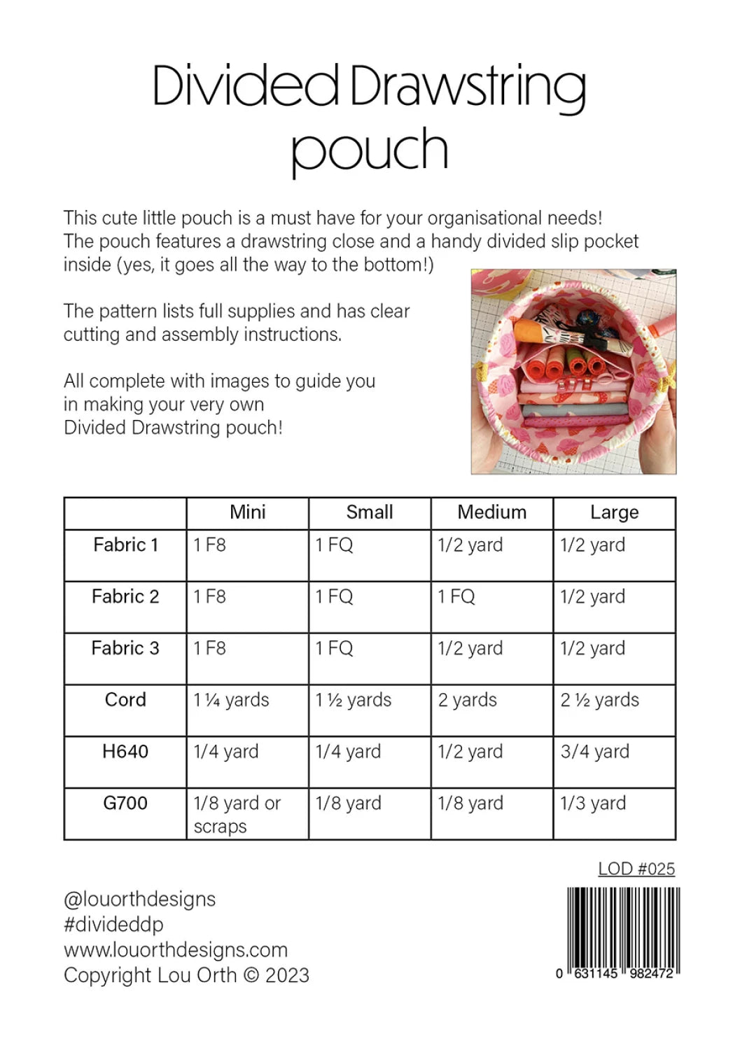 Divided Drawstring Pouch Pattern - Lou Orth Designs