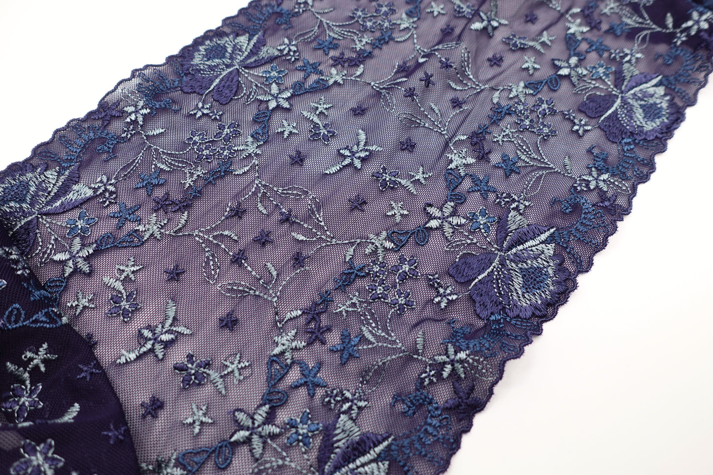 Dark Blue Floral - Embroidered Tulle Lace