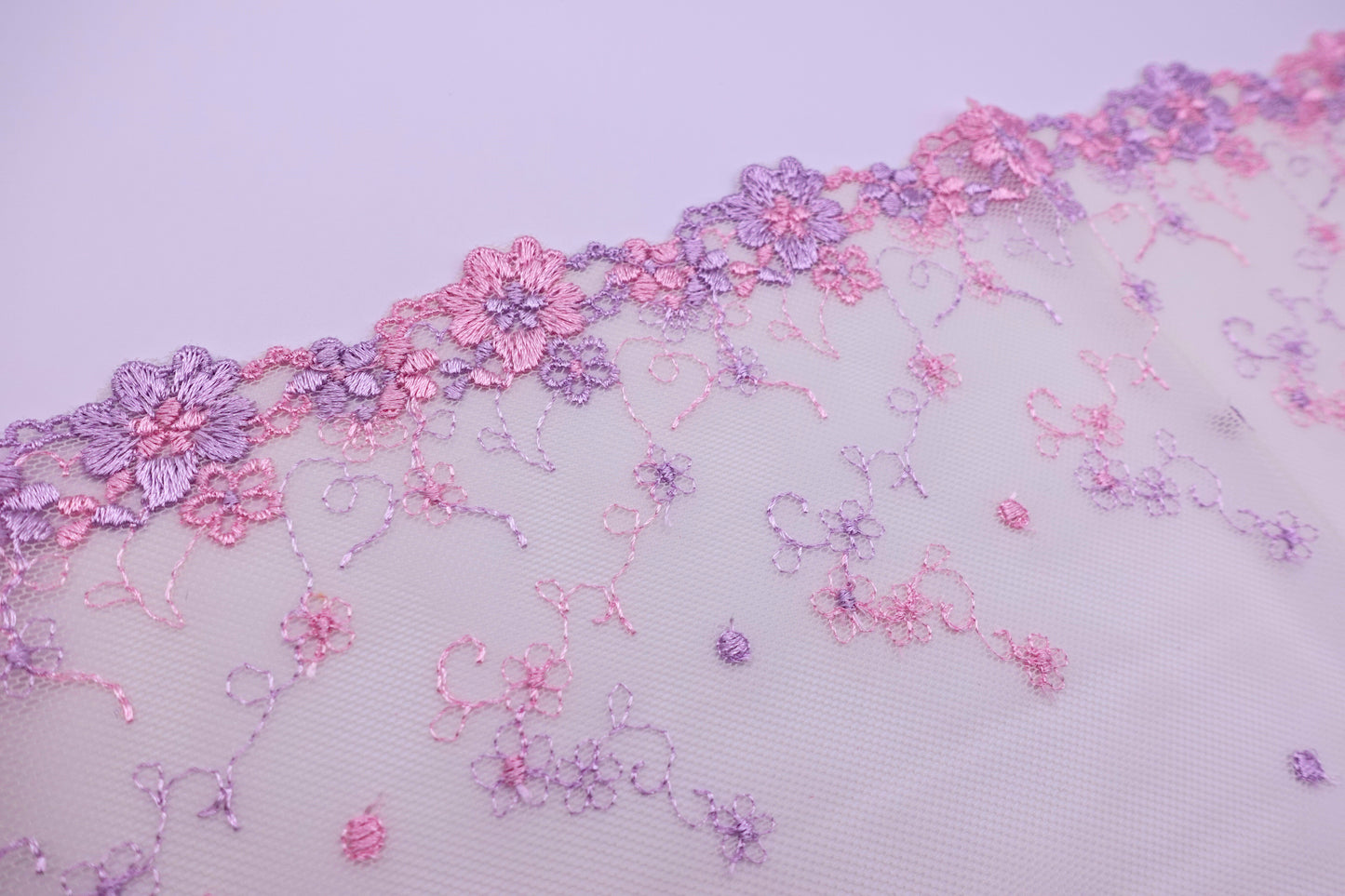 Pink and Purple Dainty Floral - Embroidered Tulle Lace (mirrored)