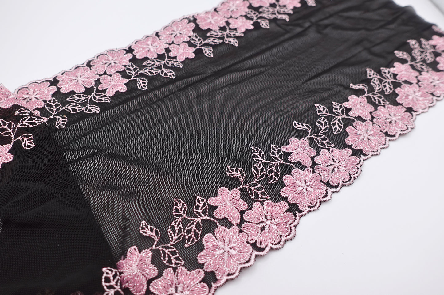 Black Tulle Pink Sparkly Flowers - Embroidered Tulle Lace