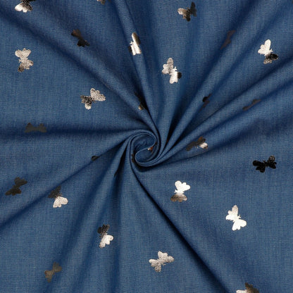 Denim Foil Butterflies Fabric