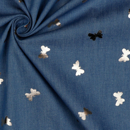 Denim Foil Butterflies Fabric