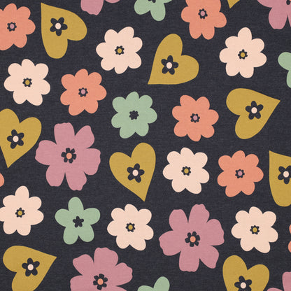 Jersey Melange Coeur et Fleurs - INDIGO MELANGE - Poppy Fabrics