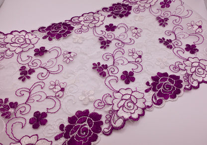 White and Purple Flowers - Embroidered Tulle Lace