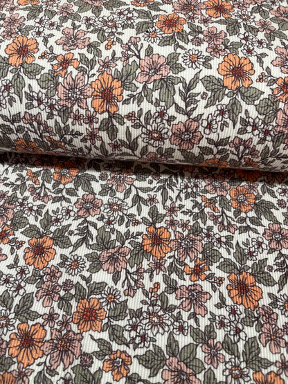 Rib Jersey fabric printed Flowers Off White