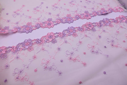 Pink and Purple Dainty Floral - Embroidered Tulle Lace (mirrored)