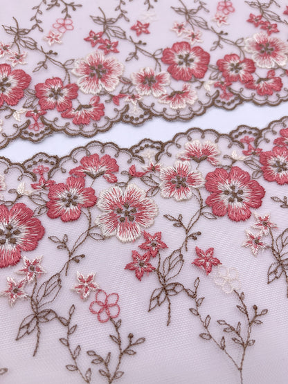 Brown Cherry Blossom - Embroidered Tulle Lace 1 Meter (mirrored)