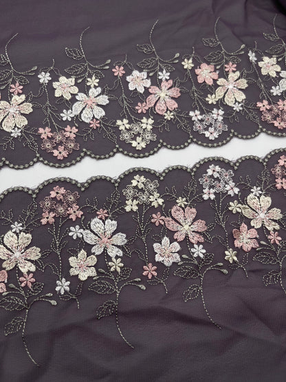 Purple Cherry Blossom - Embroidered Tulle Lace 1 Meter (mirrored)