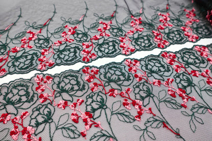 Green Rose Cherry Blossom - Embroidered Tulle Lace (mirrored)