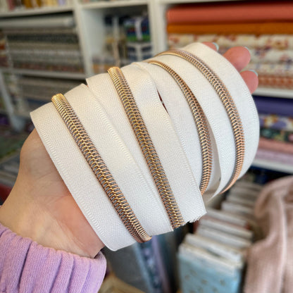 White - Rose Gold Coil Zipper Tape # 5 Zipper (1 Meter)