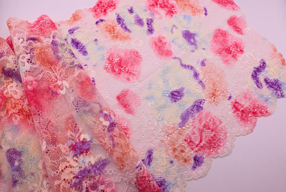 Blanc Tacheté Rose, Violet et Orange - Dentelle Stretch