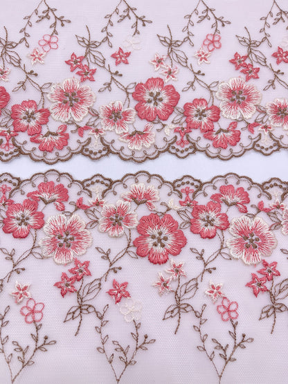 Brown Cherry Blossom - Embroidered Tulle Lace 1 Meter (mirrored)