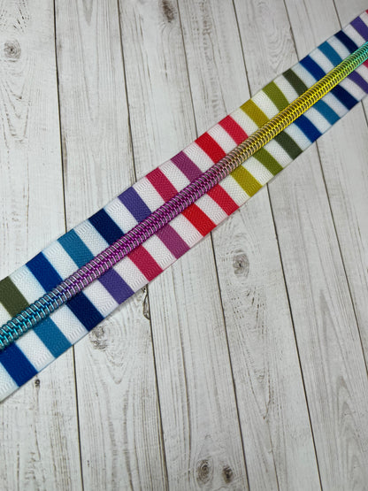 White Rainbow Stripes - Rainbow Zipper Tape # 5 Zipper (1 Meter)