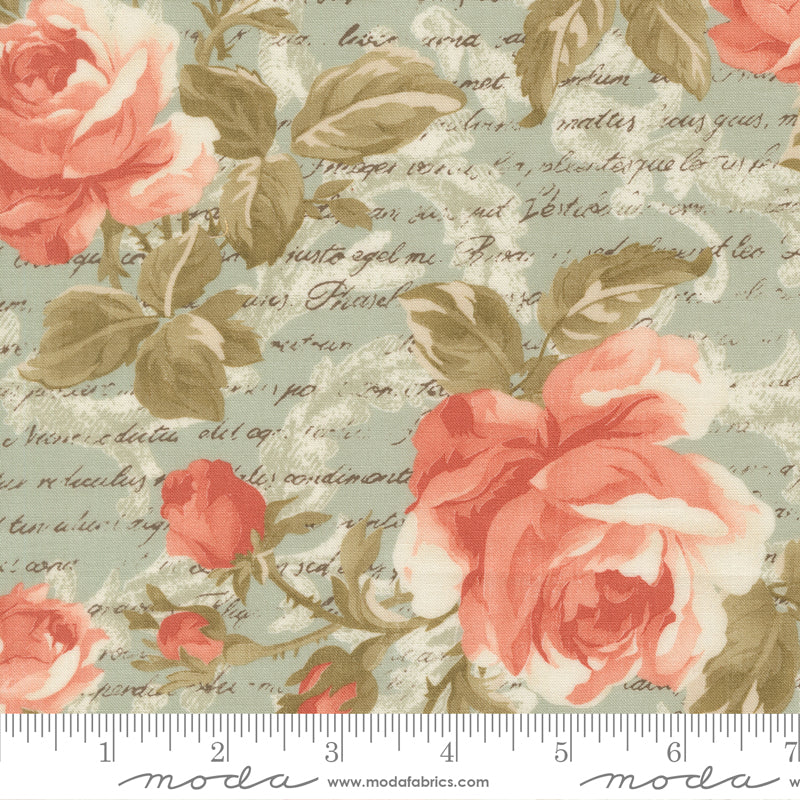 **PRE-ORDER** Dearly Beloved - Floral Writing (Mist) - 3 Sisters (Moda)