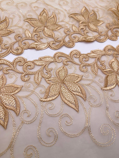Gold Florals - Embroidered Tulle Lace 1 Meter (mirrored)