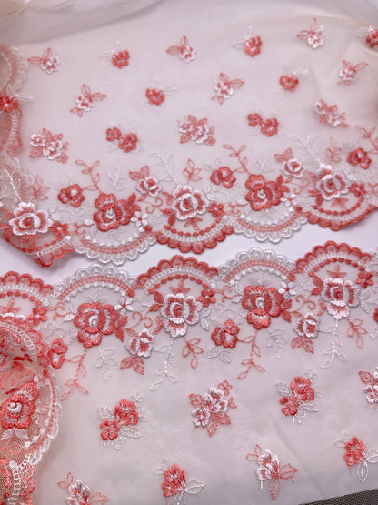 Coral Scalloped Edge - Embroidered Tulle Lace 1 Meter (mirrored)