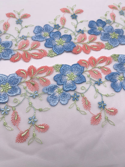 Blue Corals Florals- Embroidered Tulle Lace 1 Meter (mirrored)