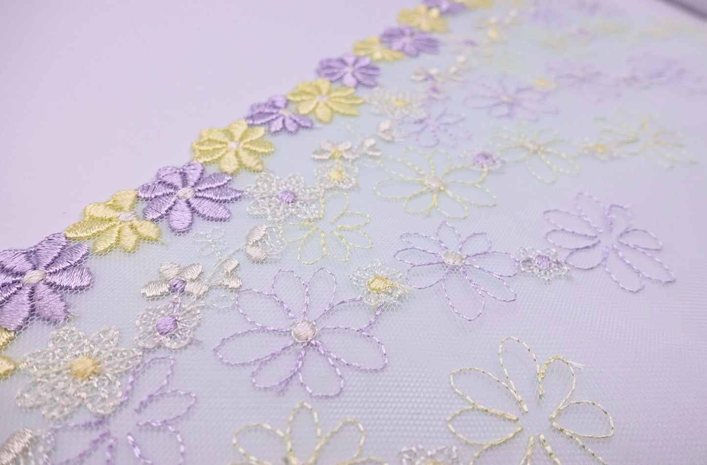 Mint Tulle Purple Yellow Daisy - Embroidered Tulle Lace (mirrored)