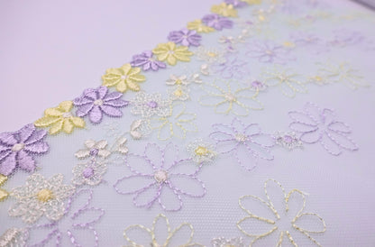 Mint Tulle Purple Yellow Daisy - Embroidered Tulle Lace (mirrored)