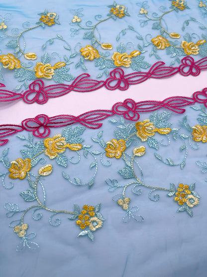 Hot Pink Yellow Flowers - Embroidered Tulle Lace 1 Meter (mirrored)