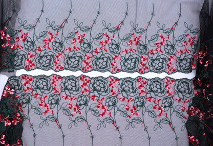 Green Rose Cherry Blossom - Embroidered Tulle Lace (mirrored)