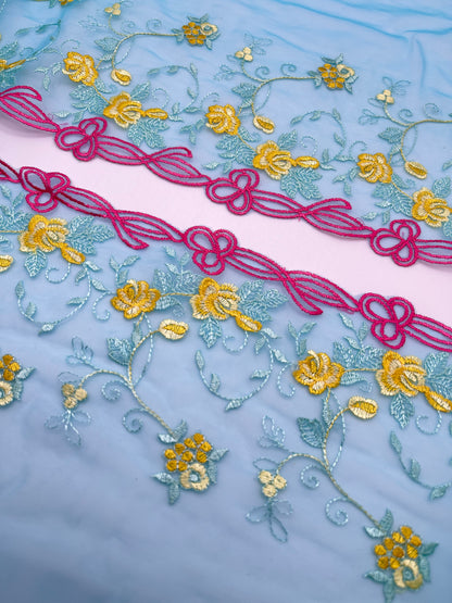 Hot Pink Yellow Flowers - Embroidered Tulle Lace 1 Meter (mirrored)